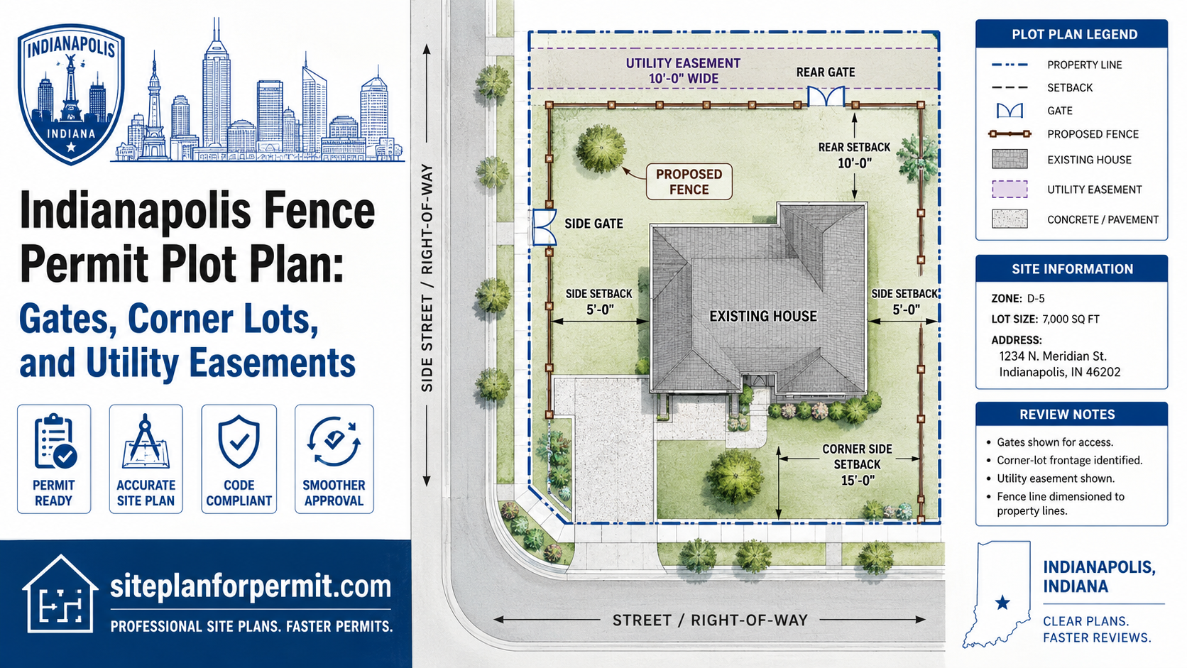 Indianapolis fence permit plot plan showing gates, corner lot frontage, utility easement, property lines, setbacks and proposed fence layout