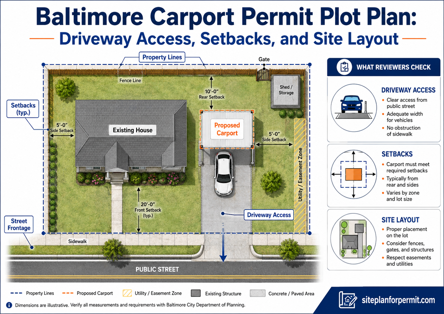 Baltimore carport permit plot plan showing proposed carport location, driveway access, property lines, setbacks, existing house, shed, utility easement, sidewalk, street frontage, and site layout